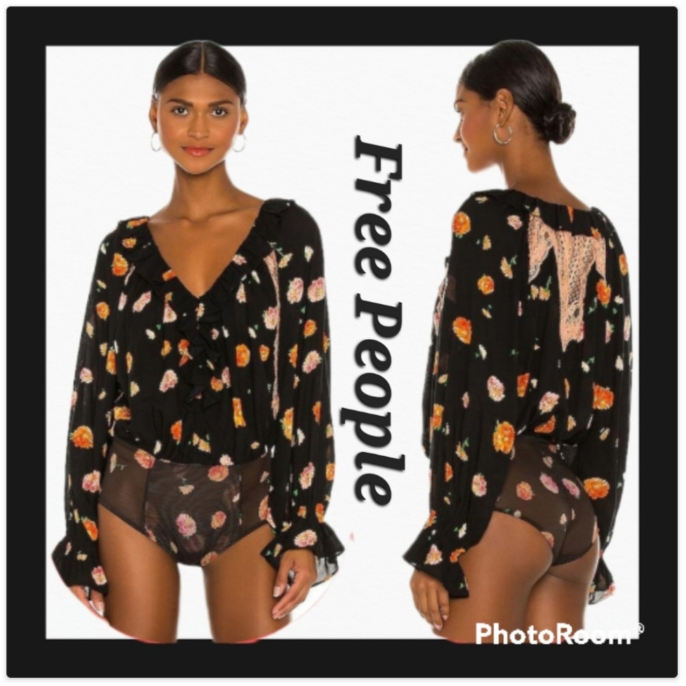FREE PEOPLE Poppy Printed Bodysuit In Black.